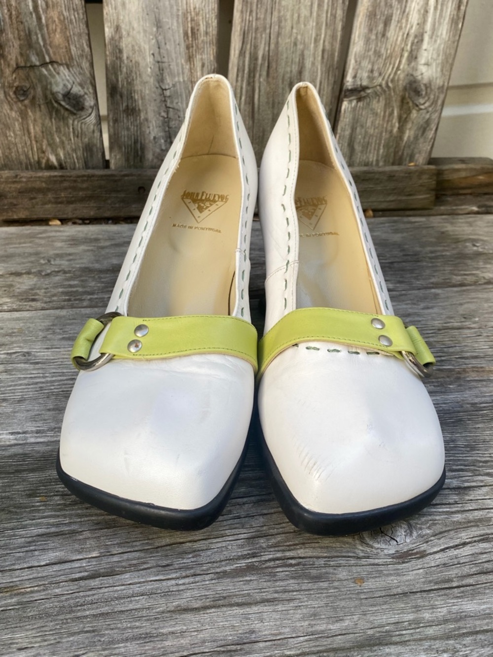 JOHN FLUEVOG CHOICE white and green VANNY PUMPS 9 HEELS LEATHER PIN-UP SHOES - Picture 3 of 14